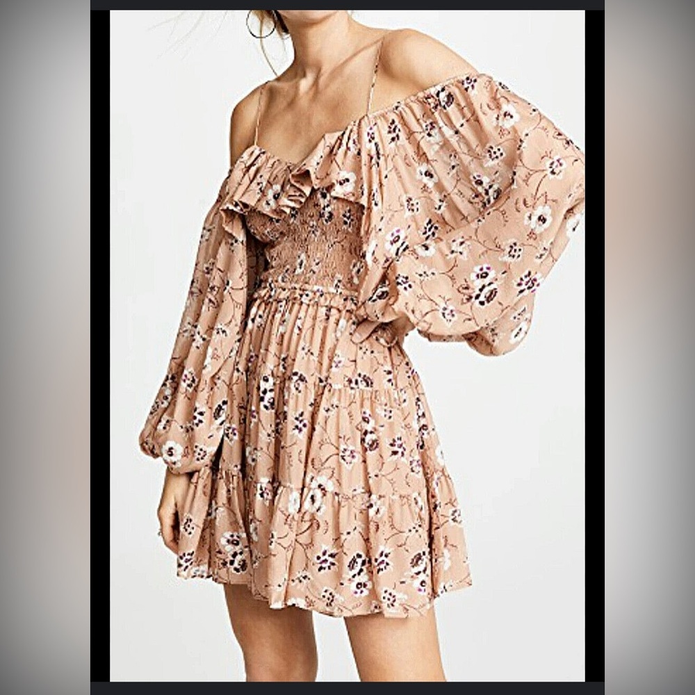 Ulla Johnson Monet Print Floral Silk Beige Off Shoulder Mini Dress Sz 0